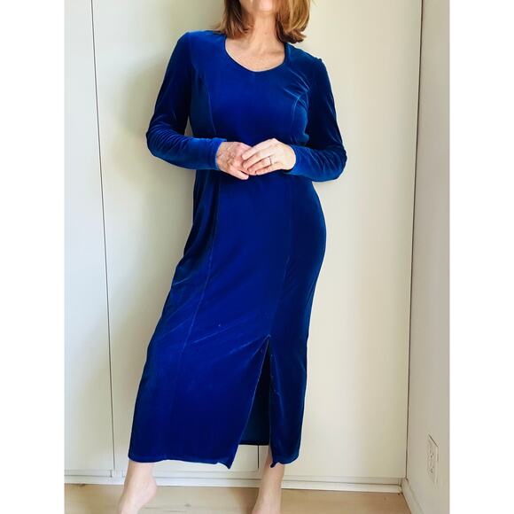 Vintage 90s Velvet Maxi Dress Womens Size Large Fitted Blue Velvet Long Sleeve - Picture 8 of 8